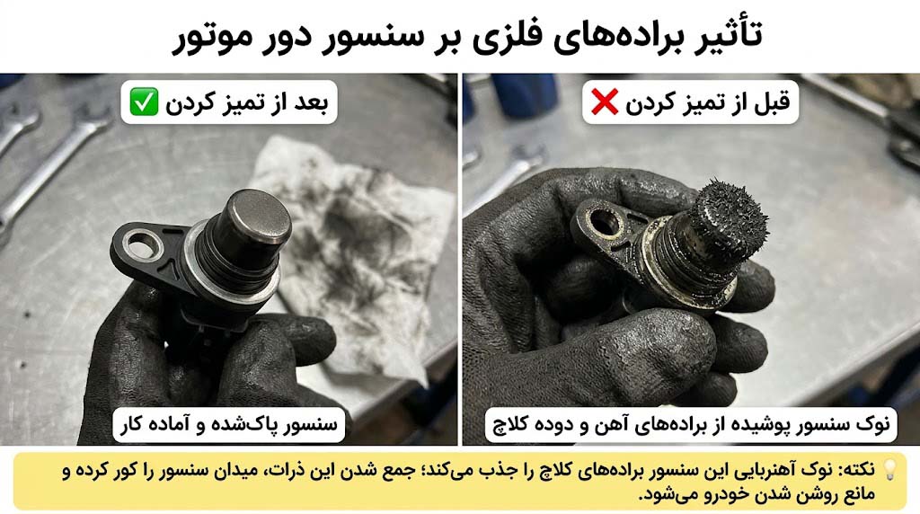 جذب براده های آهنی دیسک و صفحه‌ کلاچ روی نوک آهنربایی سنسور