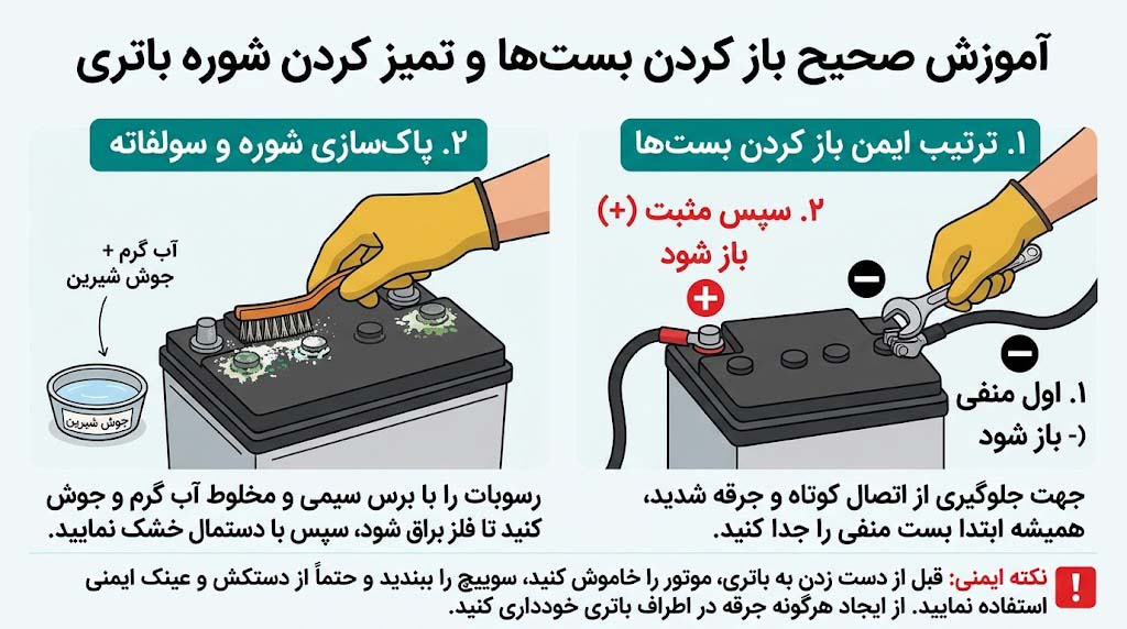 نحوه صحیح تمیز کردن شوره سفید و سبز روی قطب های باتری