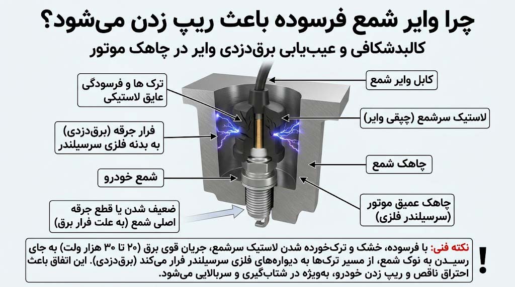 وایر شمع فرسوده و محل قرارگیری لاستیک سرشمع در چاهک موتور