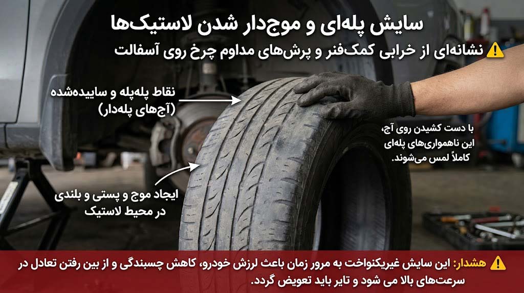 تصویر واقعی از تایر خودرو که به دلیل خرابی کمک فنر و پرش چرخ روی آسفالت دچار سایش پله ای شده