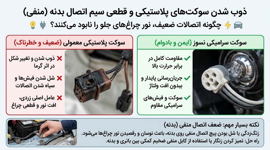 سوکت پلاستیکی ذوب شده و سیاه شده پشت لامپ