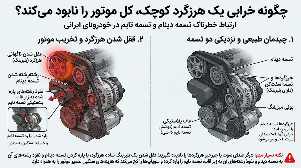 نمای شماتیک از مسیر حرکت تسمه دینام روی هرزگرده